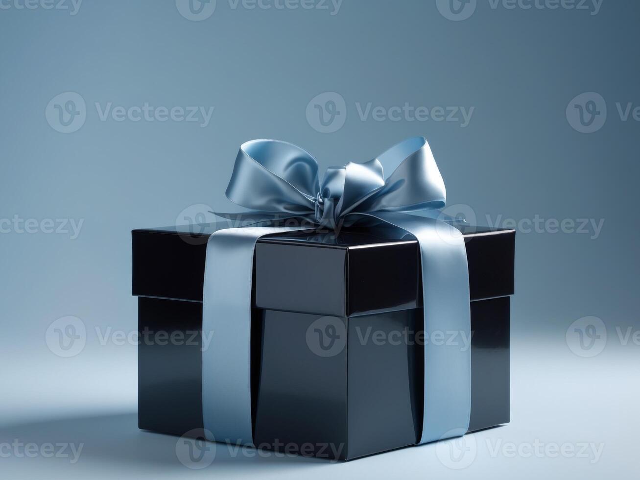 Elegant Black Gift Box with Ribbon on Blue Background photo