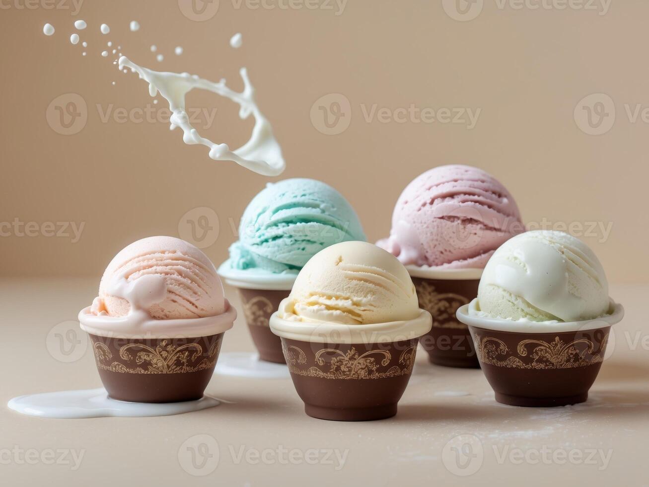 Ice cream in cups with milk pouring photo