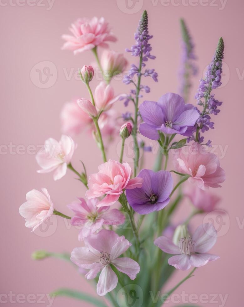Pink and Purple Flowers on Pink Background photo
