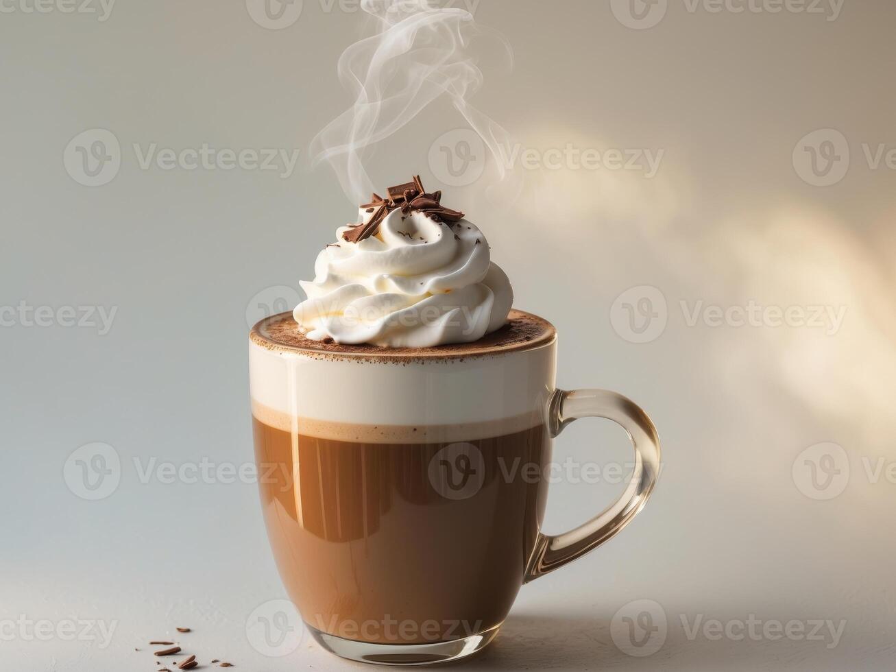 A steaming mug of cappuccino topped with a dollop of whipped cream and a sprinkle of chocolate photo
