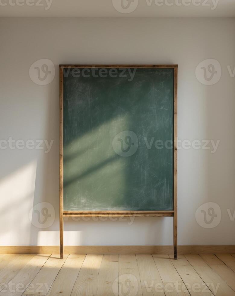 a picture of a green chalkboard in a room with a wooden floor photo