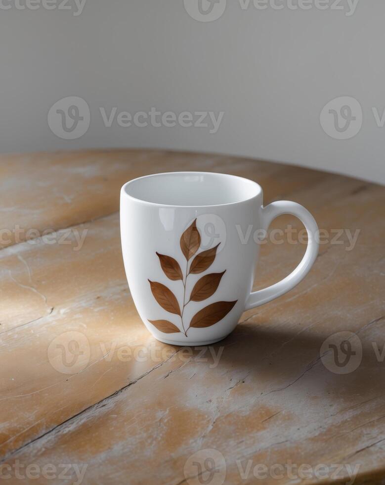 A white ceramic mug featuring a brown leaf design rests on a wooden table vertical photo