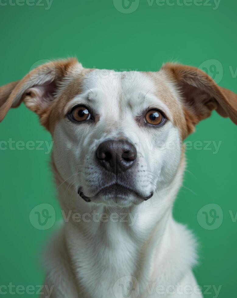 A close up of a dog's face with a green background photo