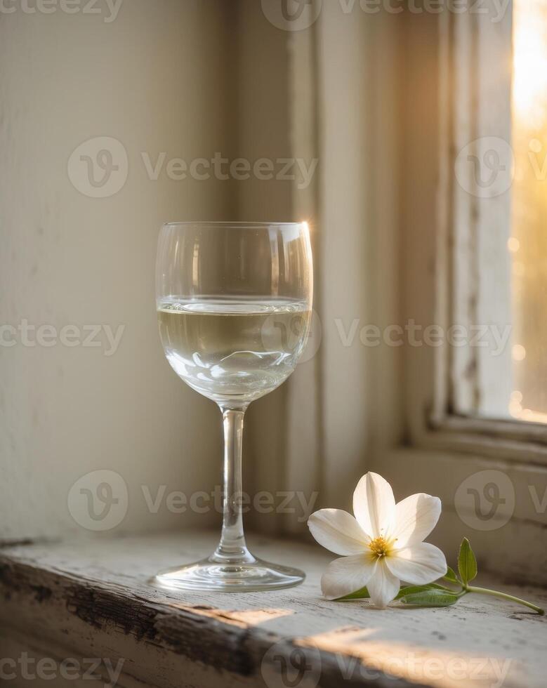 A white flower and a wine glass on a window sill photo