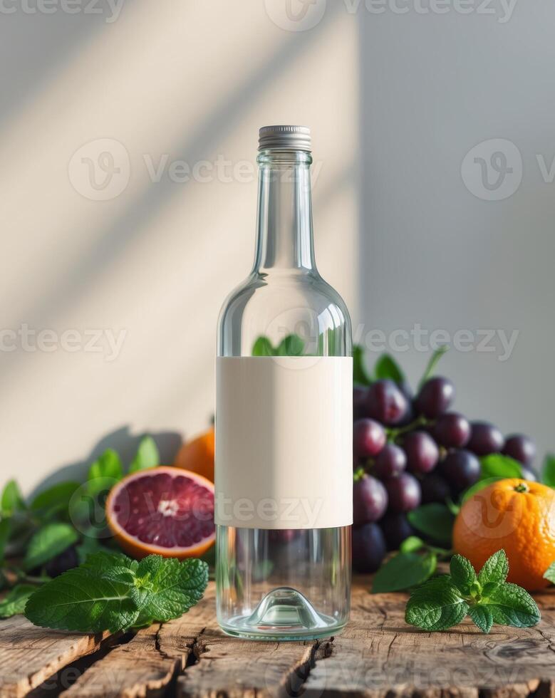 A bottle of water and some fruit on a wooden table photo