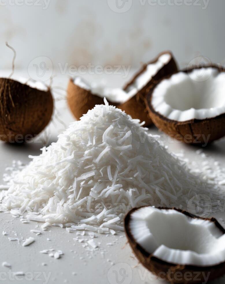 Coconut flakes and coconut shells photo
