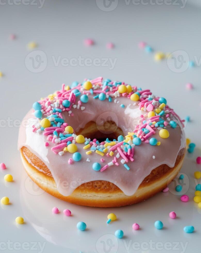A frosted donut with sprinkles on a white surface photo