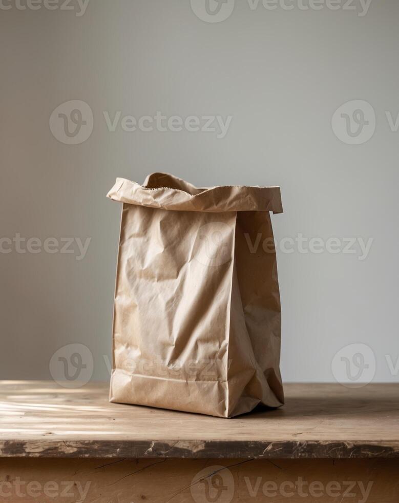 Brown paper bag on wooden table photo