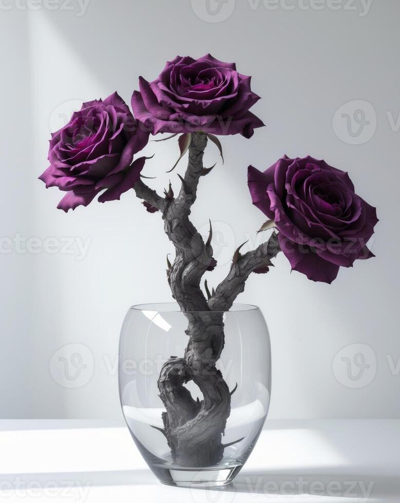 Three purple roses in a vase on a table photo