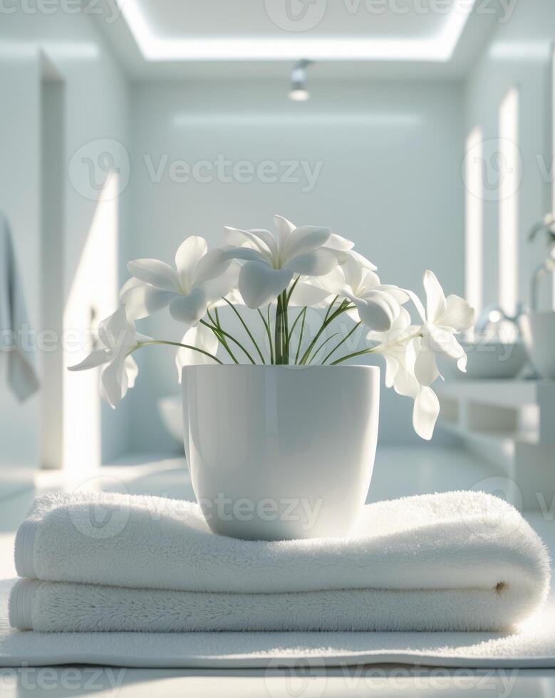 White flowers in a vase on a white towel in a bathroom photo