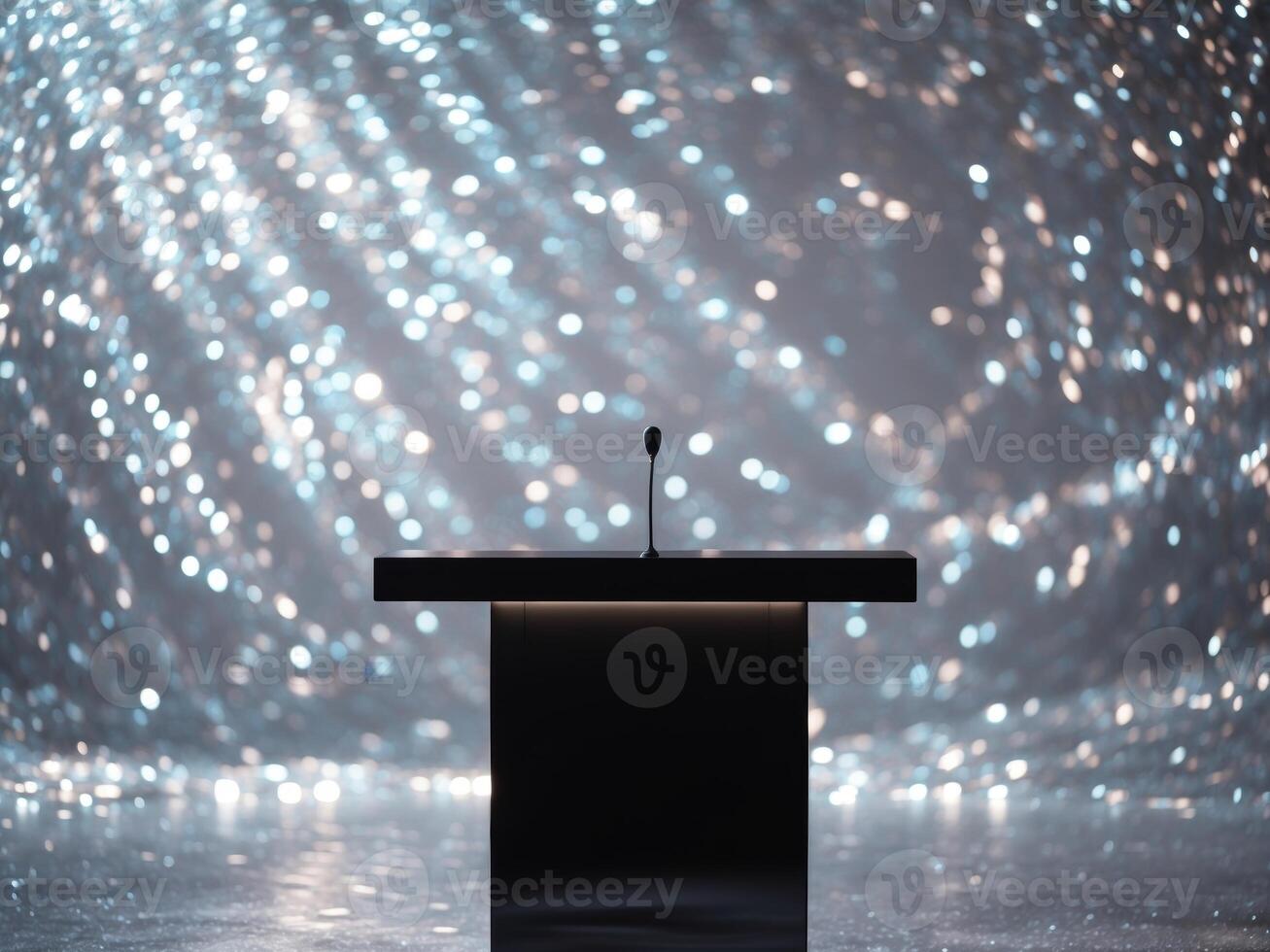 A podium with a microphone in front of a light background photo