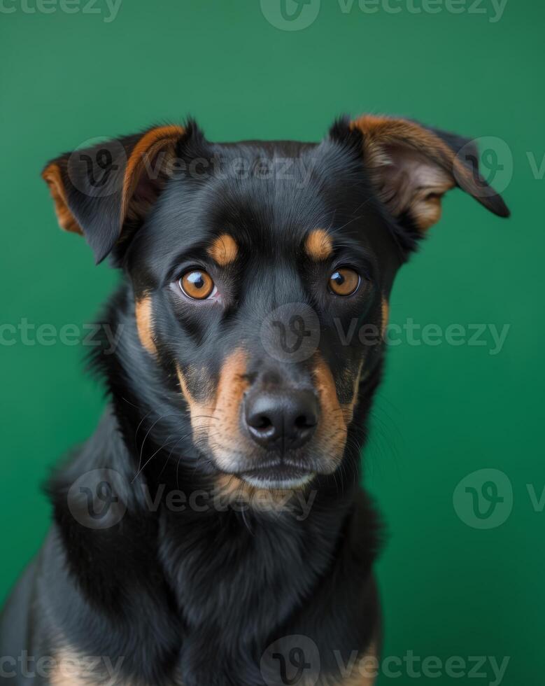 A black and brown dog with a green background photo