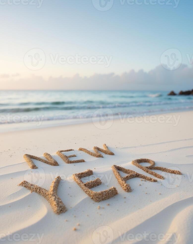 New year written in sand beachfront serenity coastal artwork ocean waves tranquil perspective nature's canvas photo