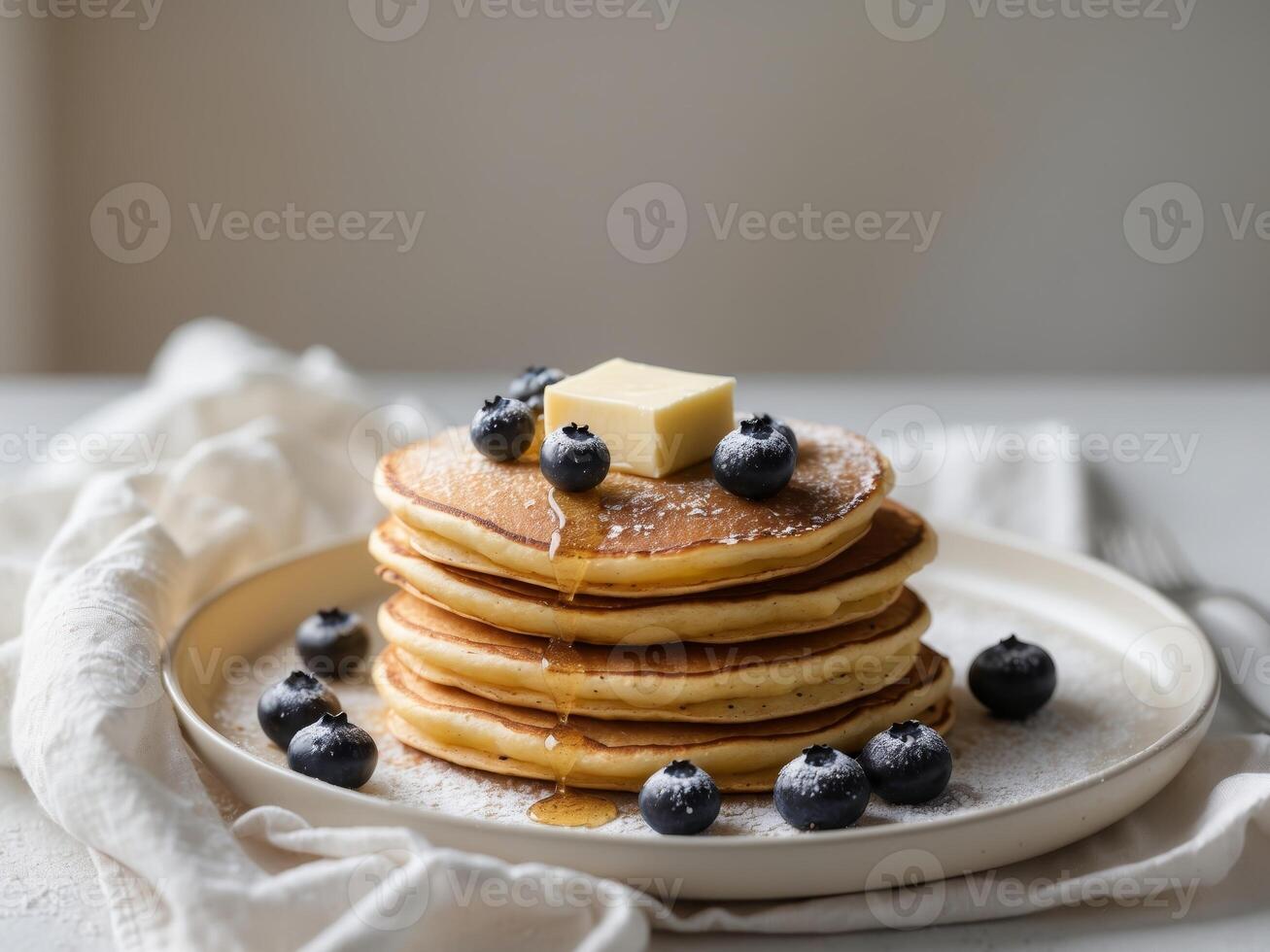 Delicious breakfast pancakes with depth of field showcasing fluffy textures and sweet toppings photo