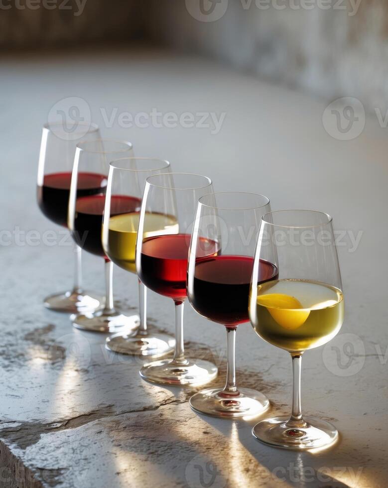 A row of wine glasses filled with red and white wine on a textured surface photo