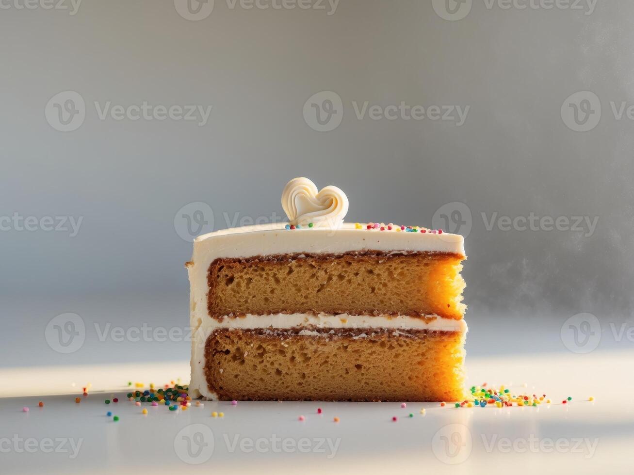 A slice of cake with a heart on top and sprinkles on the side photo