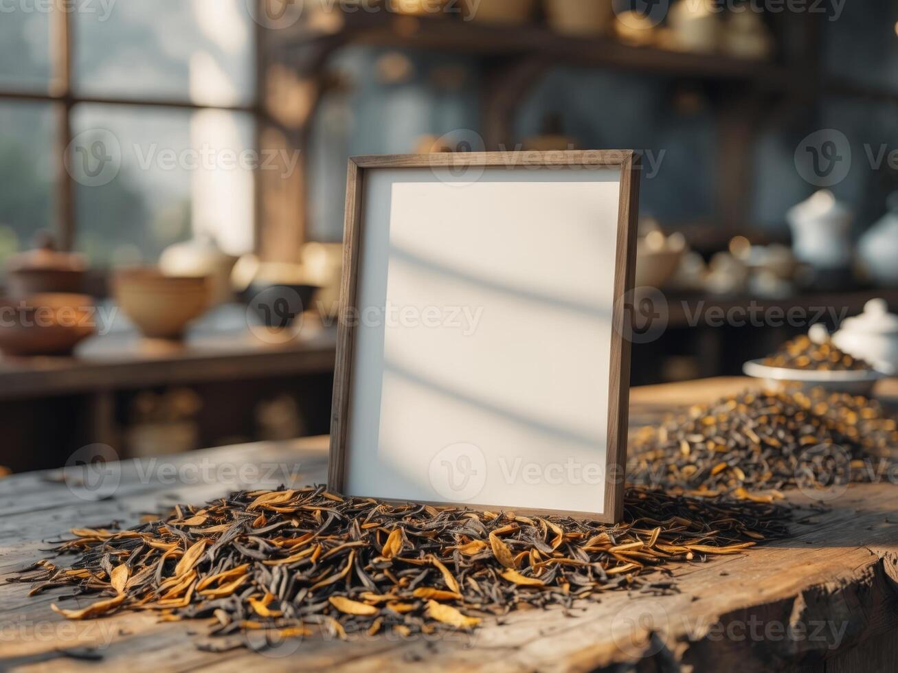 Blank sign mockup template displaying information on tea shop counter with dried tea leaves photo