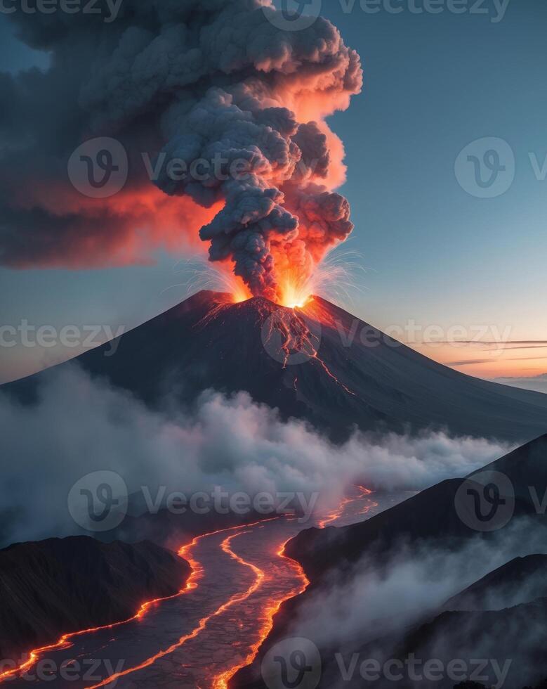 Erupting volcano spewing ash and lava during twilight in a dramatic landscape photo