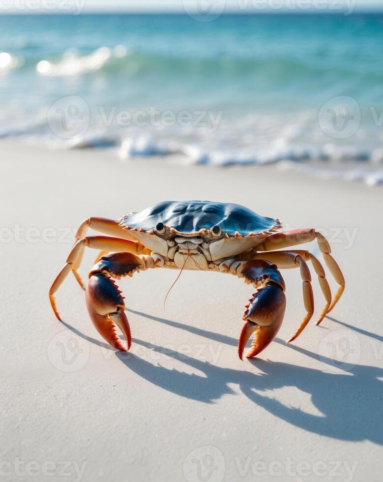 Large crab walking on sandy beach near ocean waves photo