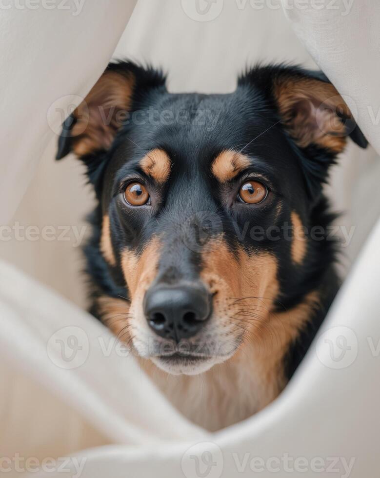 A close up of a black and brown dog's face photo