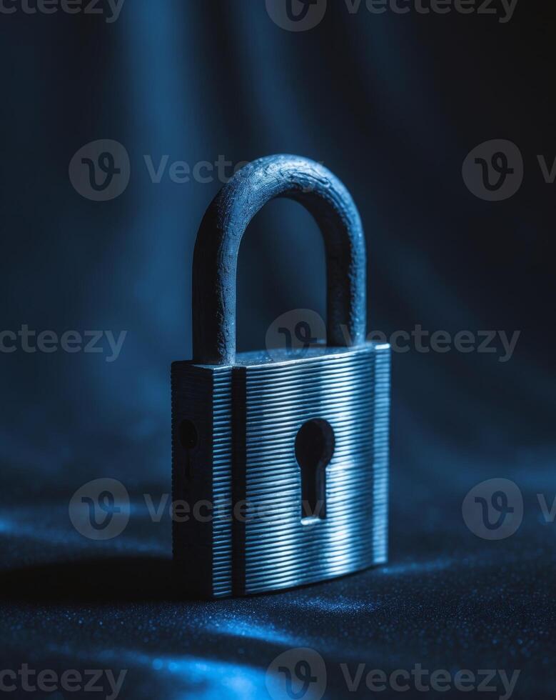 a close up of a lock in a dark room with blue lights photo
