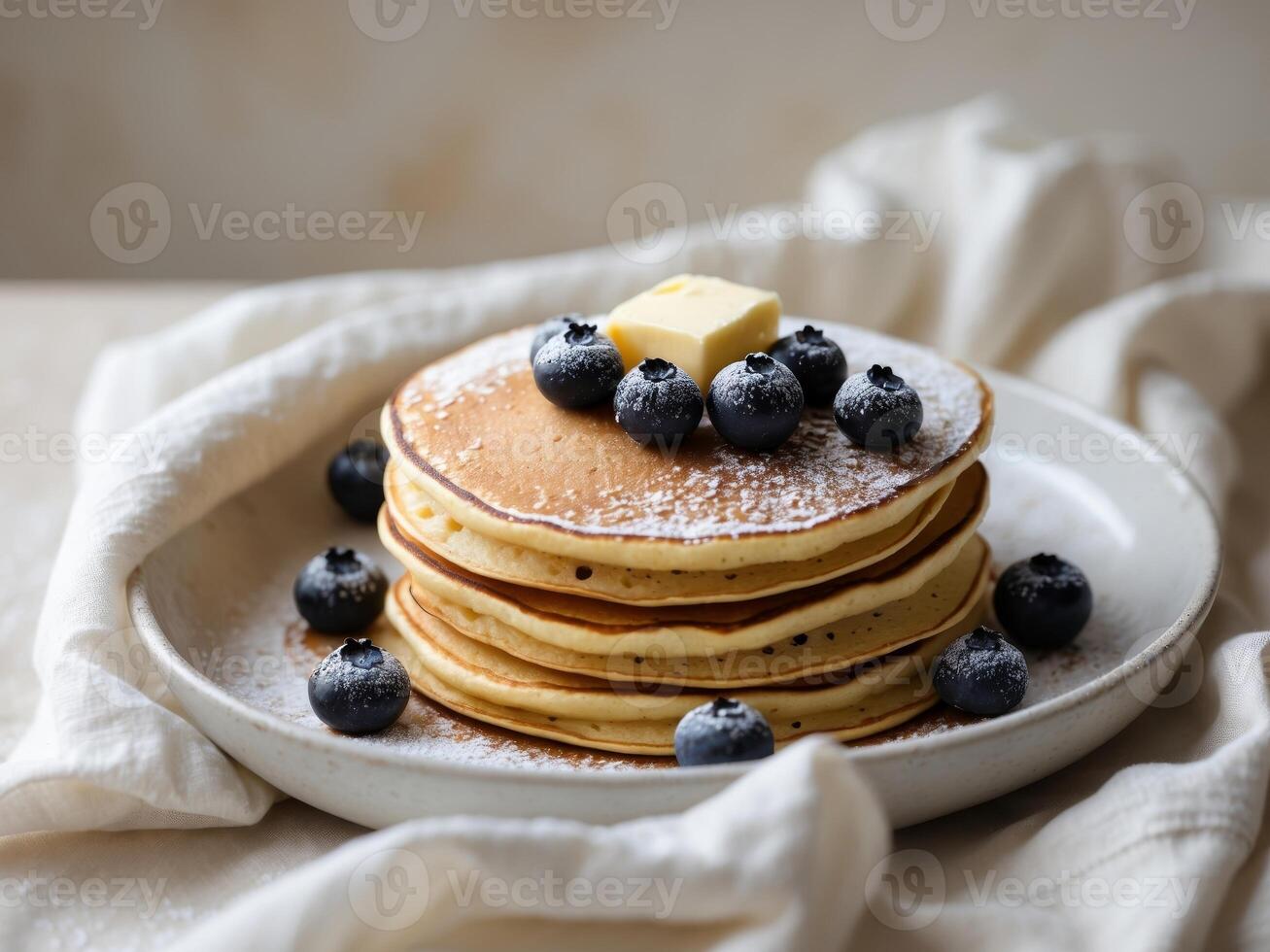 Delicious breakfast pancakes with depth of field showcasing fluffy textures and sweet toppings photo
