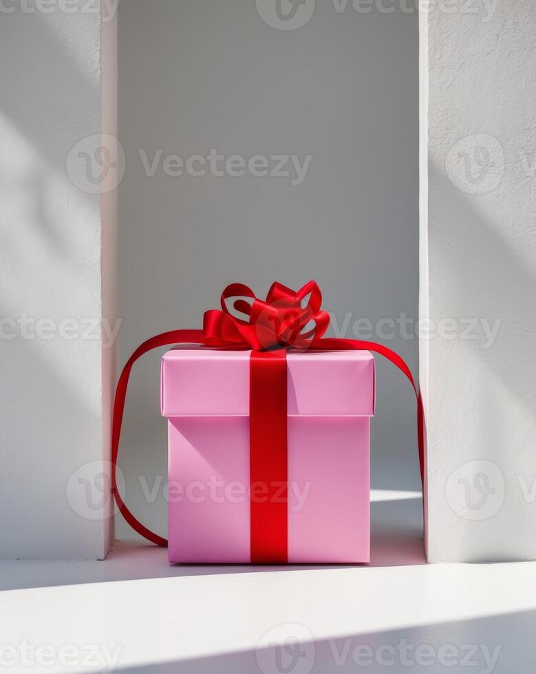 A pink gift box with a red ribbon tied around it photo