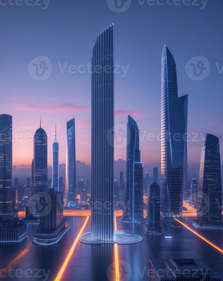 A city skyline with skyscrapers at dusk photo