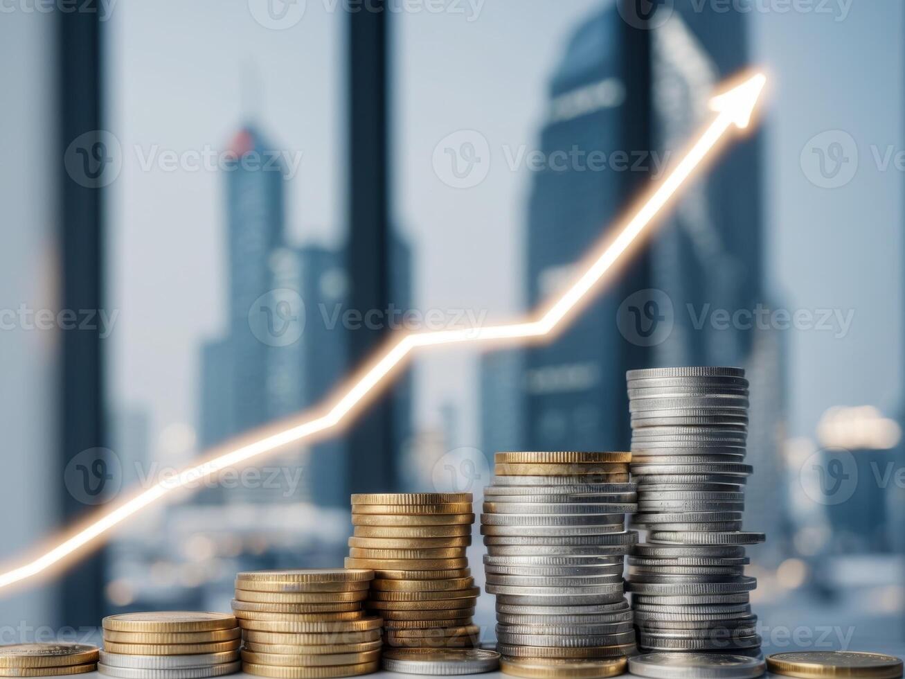 Coins and a graph going up in front of a city skyline photo