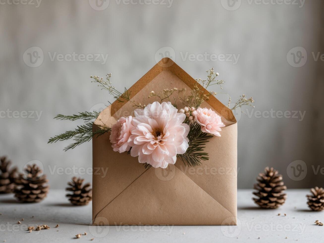 An envelope with flowers and pine cones on a table photo