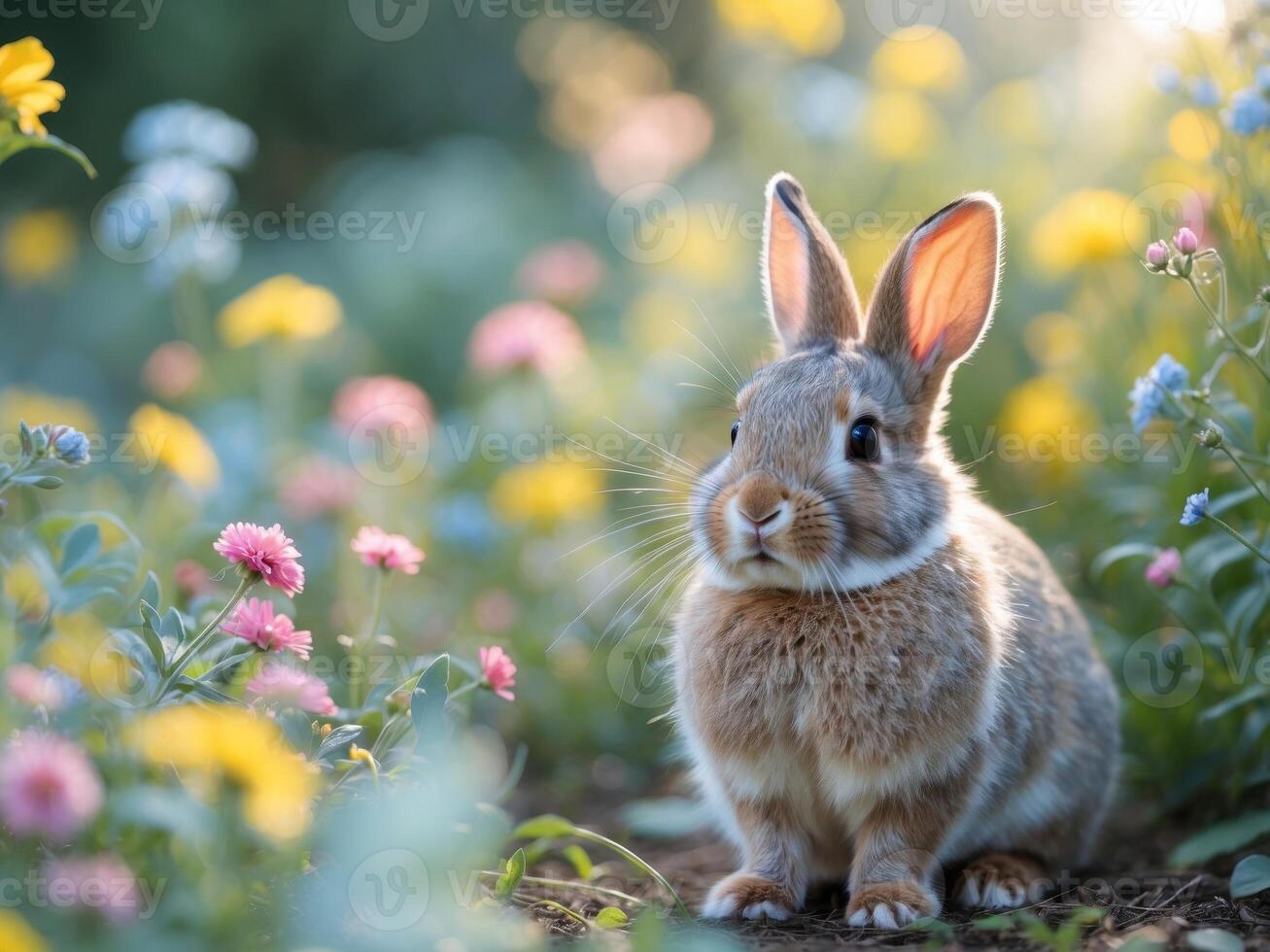 A small rabbit is sitting in a field of flowers photo