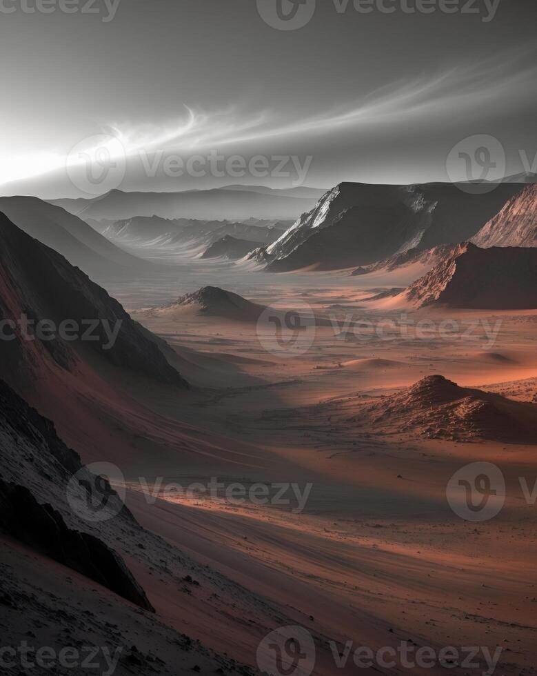 Eerie dawn on mars captivating shadows and light dance across the rugged martian landscape photo