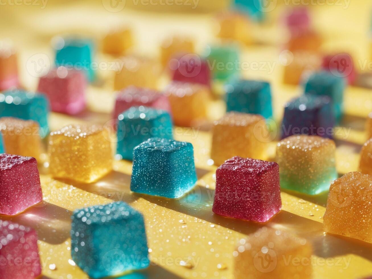 Colorful gummy squares sparkle under bright sunlight on yellow background photo