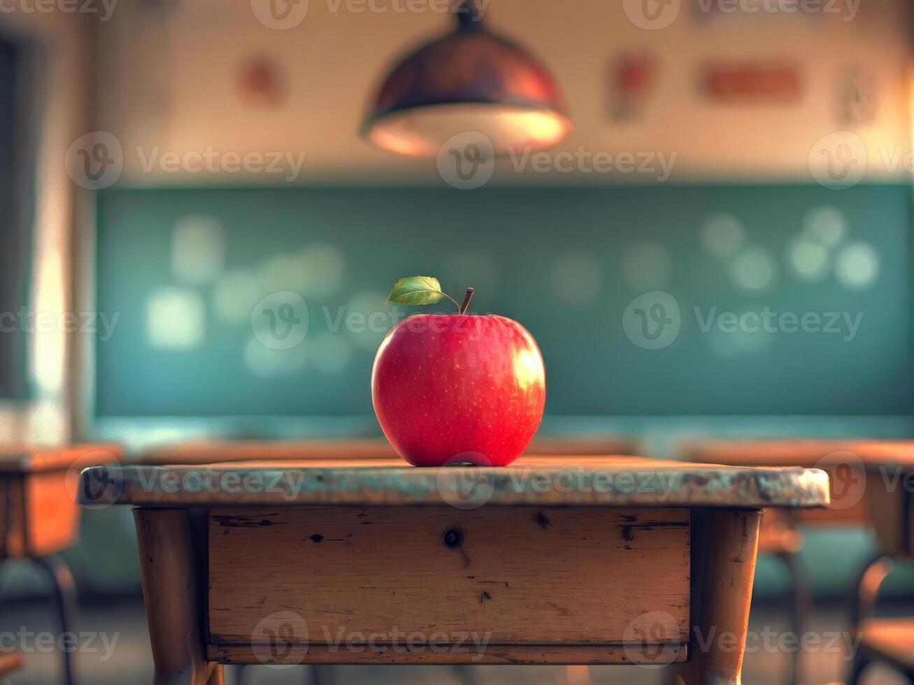 A Red Apple on a Wooden Desk in a Classroom photo