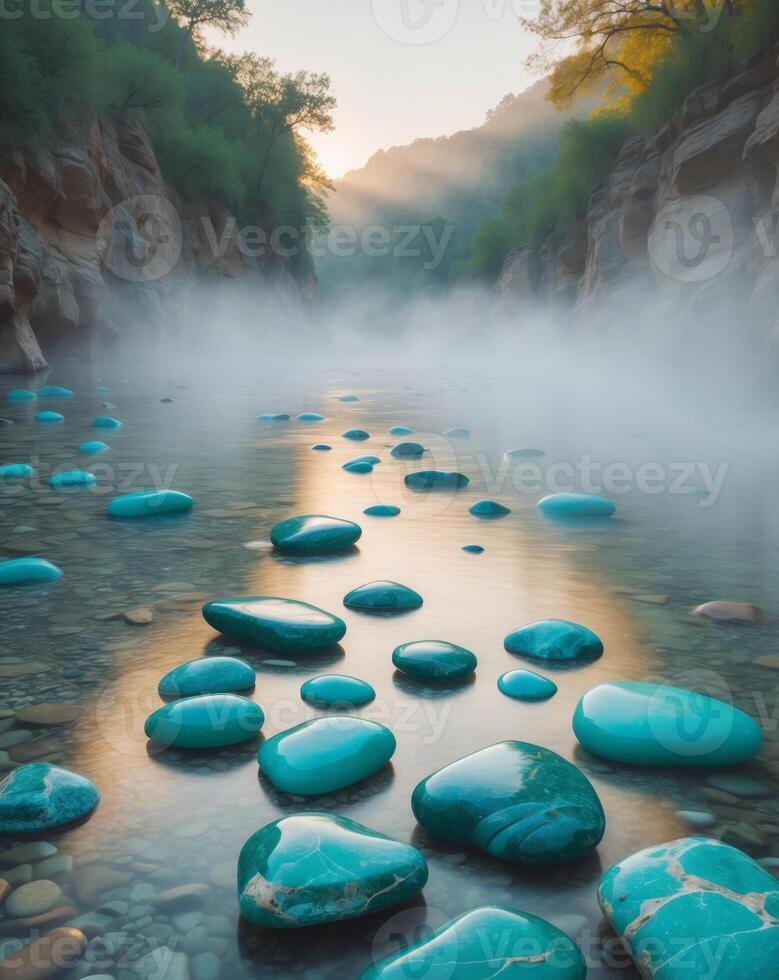 Crystal clear turquoise stones shimmer in a misty canyon river at dawn photo