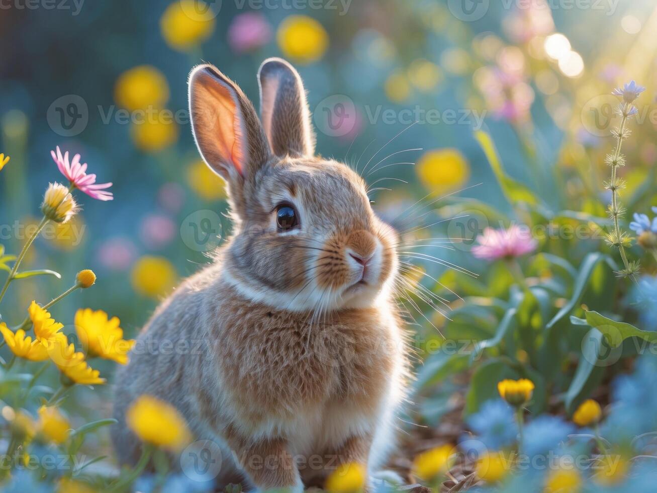 Cute Rabbit Enjoying the Afternoon Sun in a Vibrant Garden photo