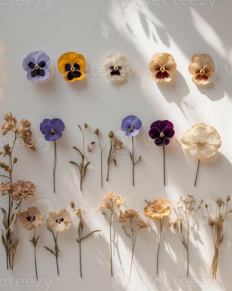 picture of dried flowers in several variants herbarium from dried blossoming flower arranged in a row viola tricolor pansy heartsease photo