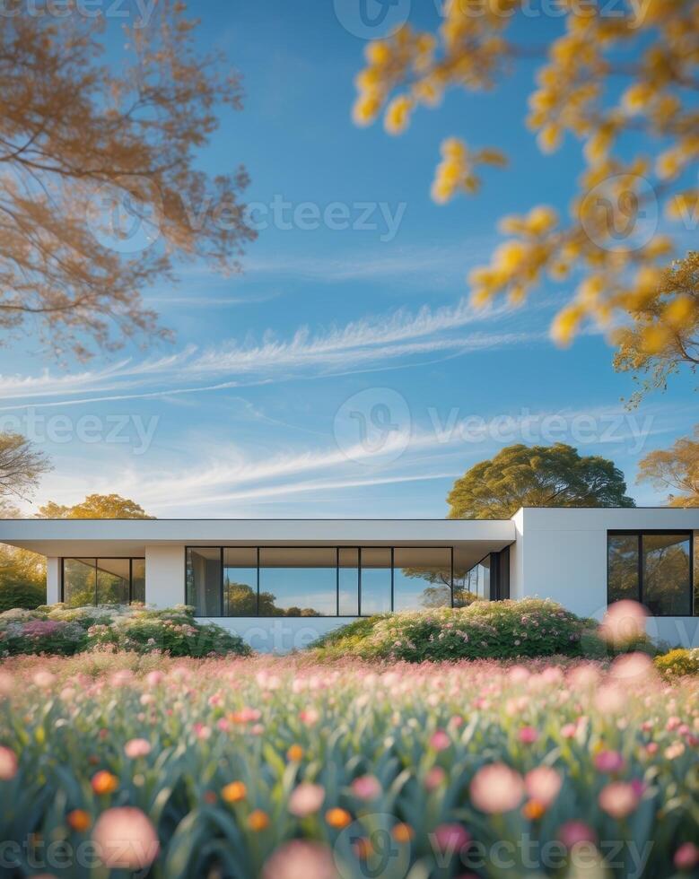 Beautiful home surrounded by colorful landscaping on a clear day photo