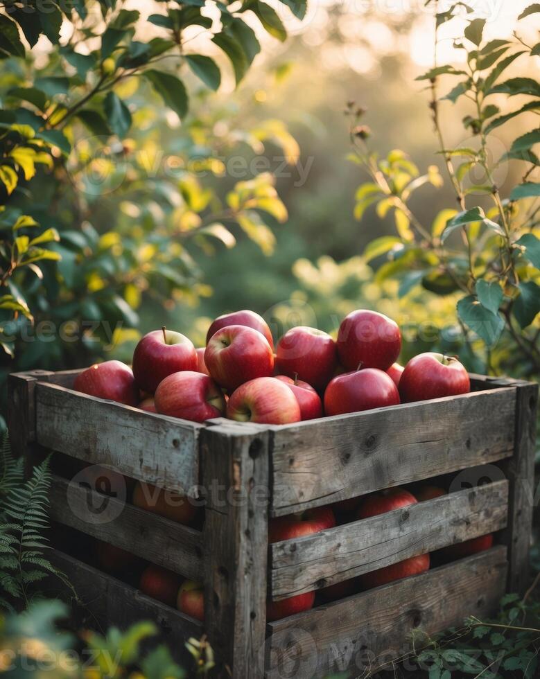 Harvesting fresh red apples in a rustic wooden crate nature setting vibrant greenery photo
