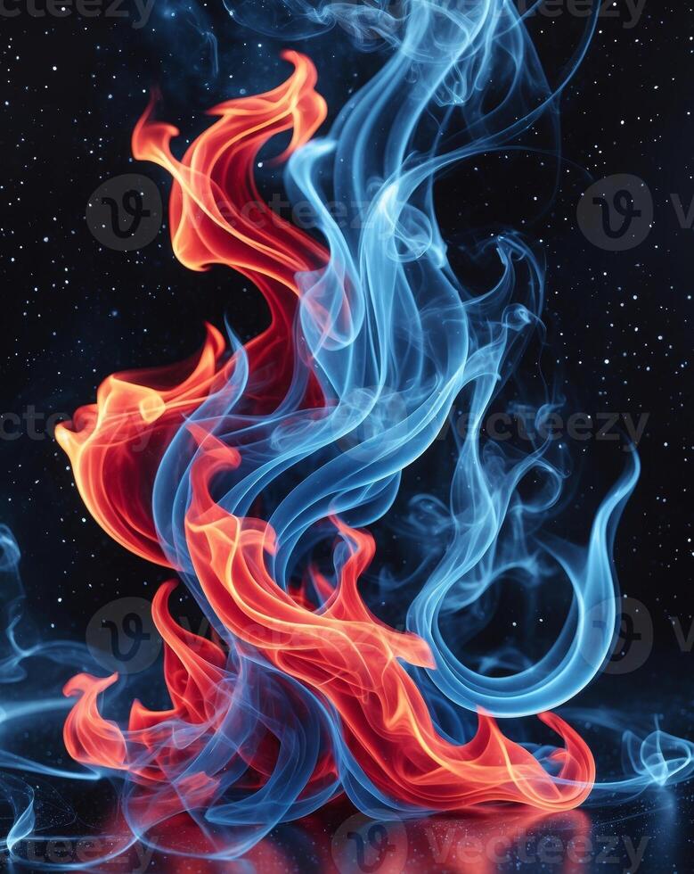 Abstract Blue and Red Flames Intertwined in Space photo