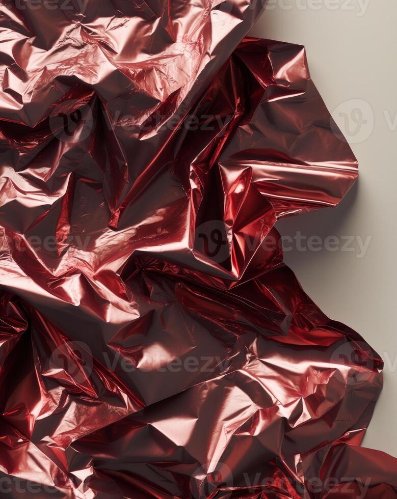 Crumpled Dark Red Metallic Foil Texture Background photo