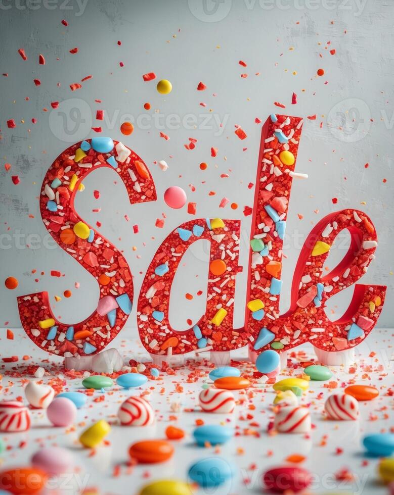 Bold red sale lettering decorated with crushed candy on neutral background photo