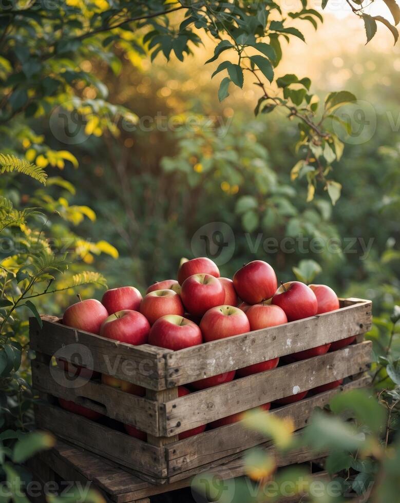 Harvesting fresh red apples in a rustic wooden crate nature setting vibrant greenery photo