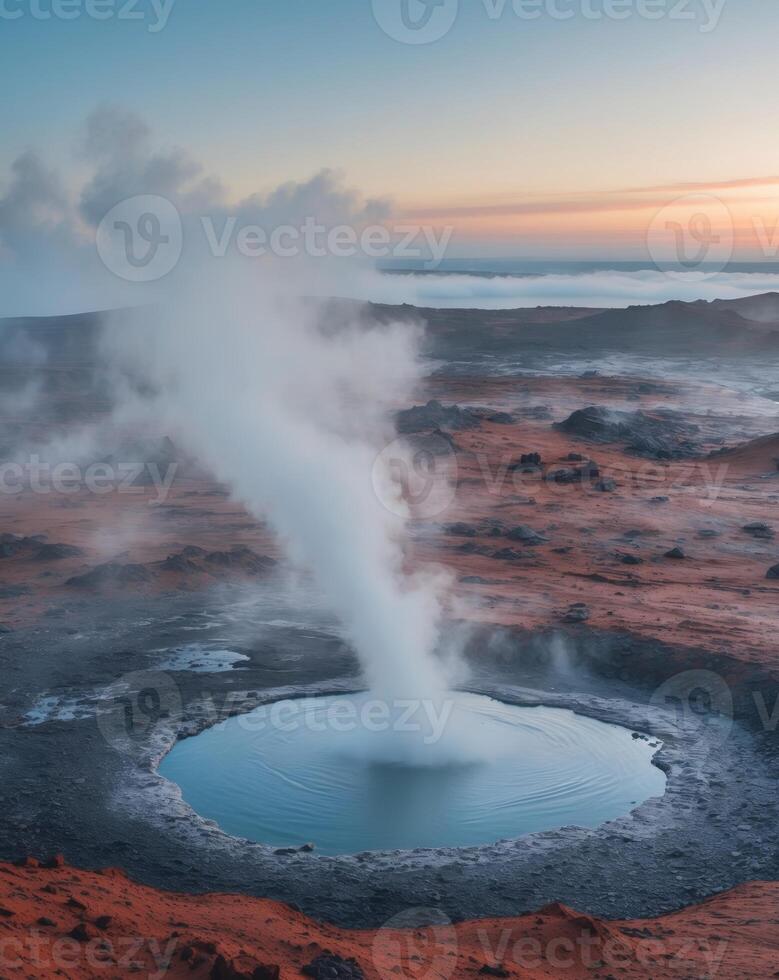 Geothermal Spring Erupts Steam Amidst Volcanic Landscape photo