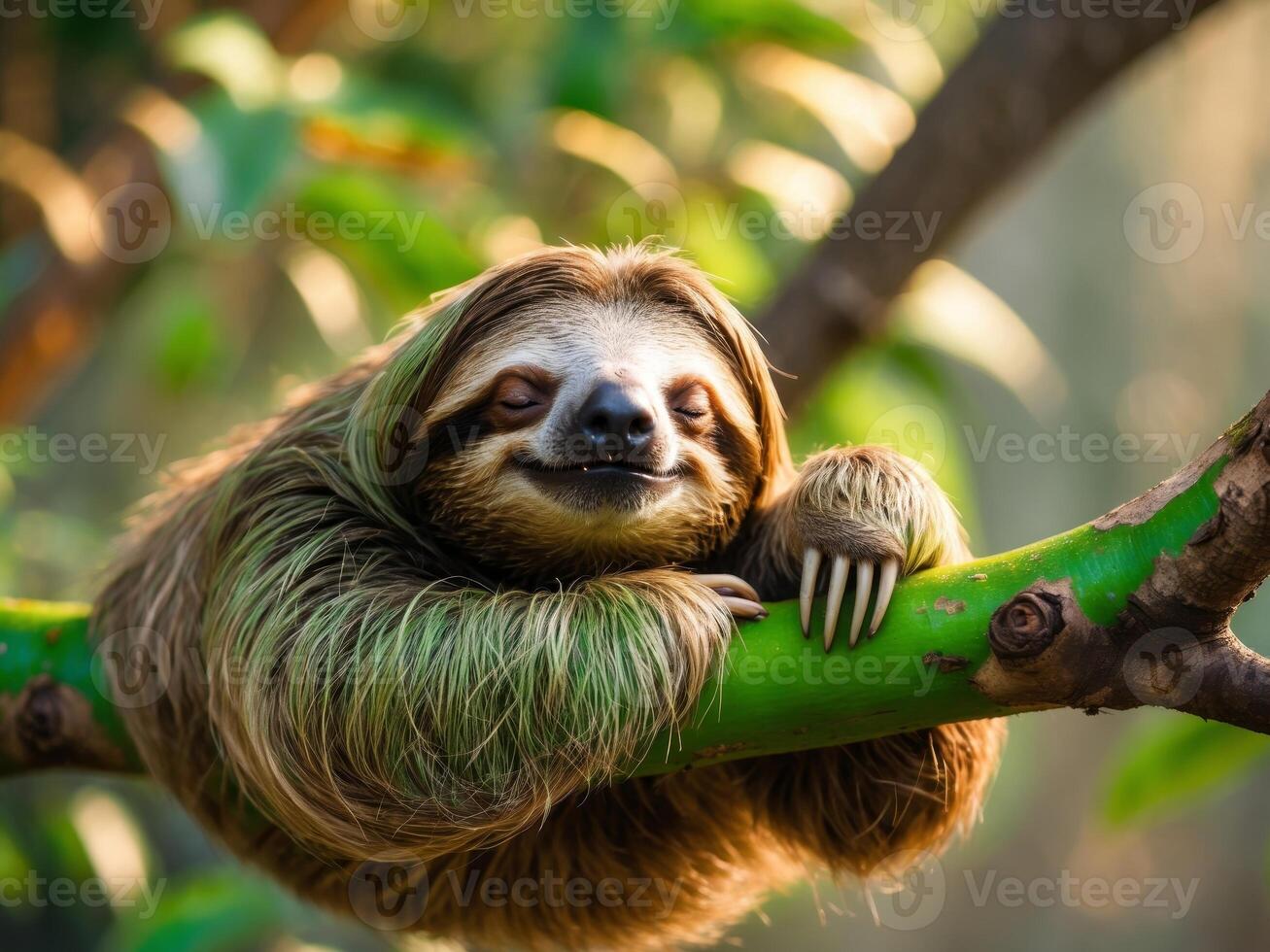 Adorable Sloth Napping Peacefully on a Lush Green Tree Branch photo
