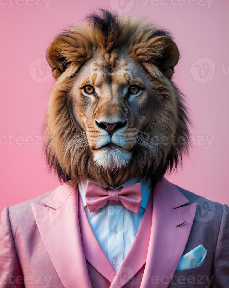 A lion with a suit and a pink background photo