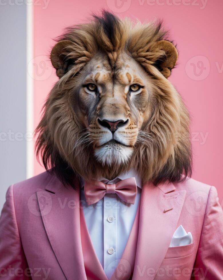 A lion with a suit and a pink background photo