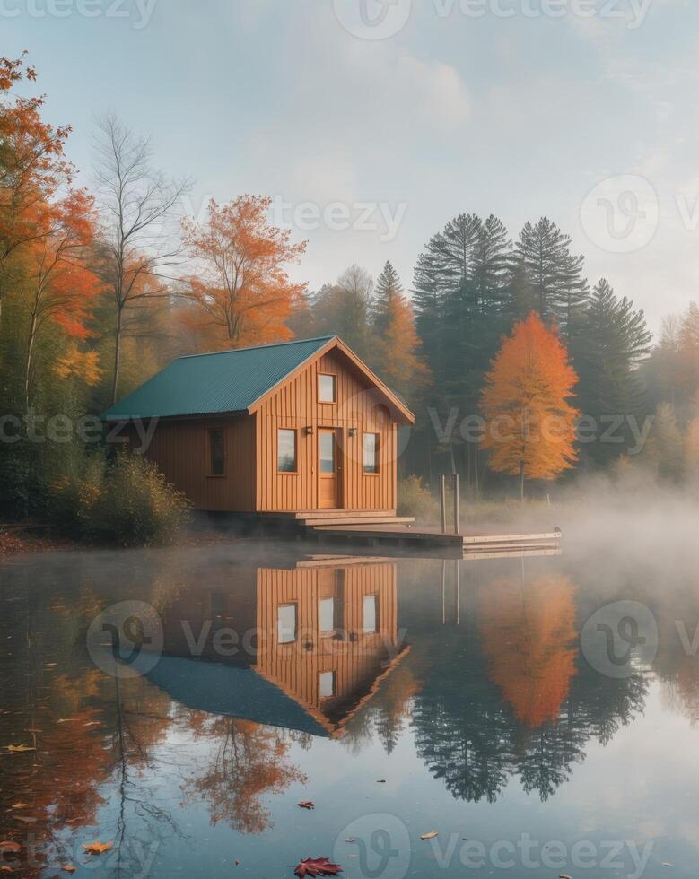 Autumn Lakeside Cabin Retreat Serene Reflections in the Water photo
