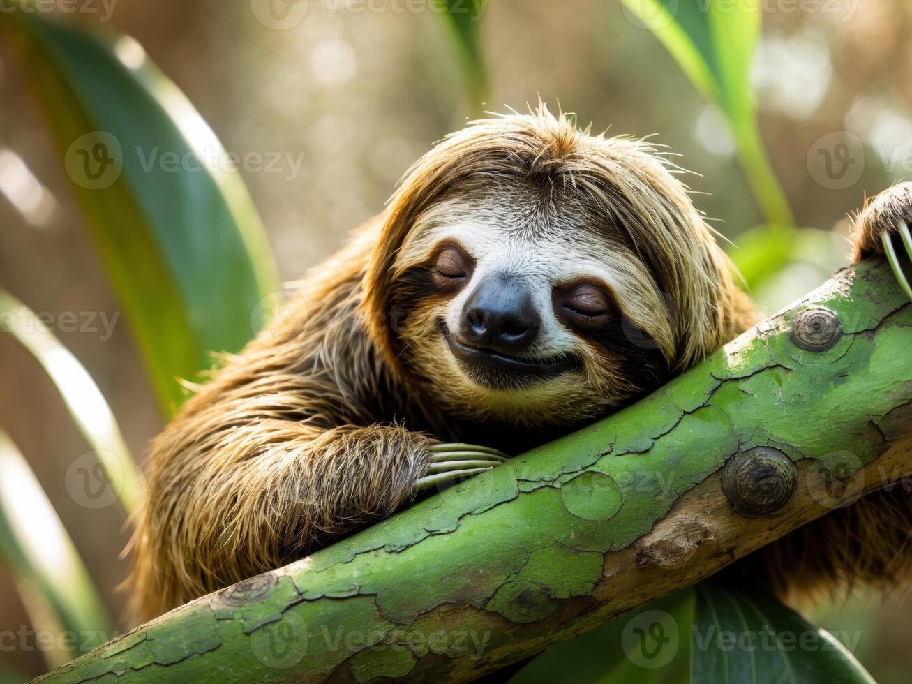 Adorable Sloth Napping Peacefully on a Lush Green Tree Branch photo