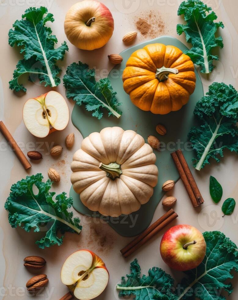 Organic pumpkin smoothie selection with fresh ingredients for a healthy fall drink photo